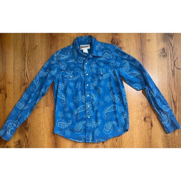 Vintage Benny by Wrangler Pearl Snap Blue Button Up, Size Small - Picture 2 of 8